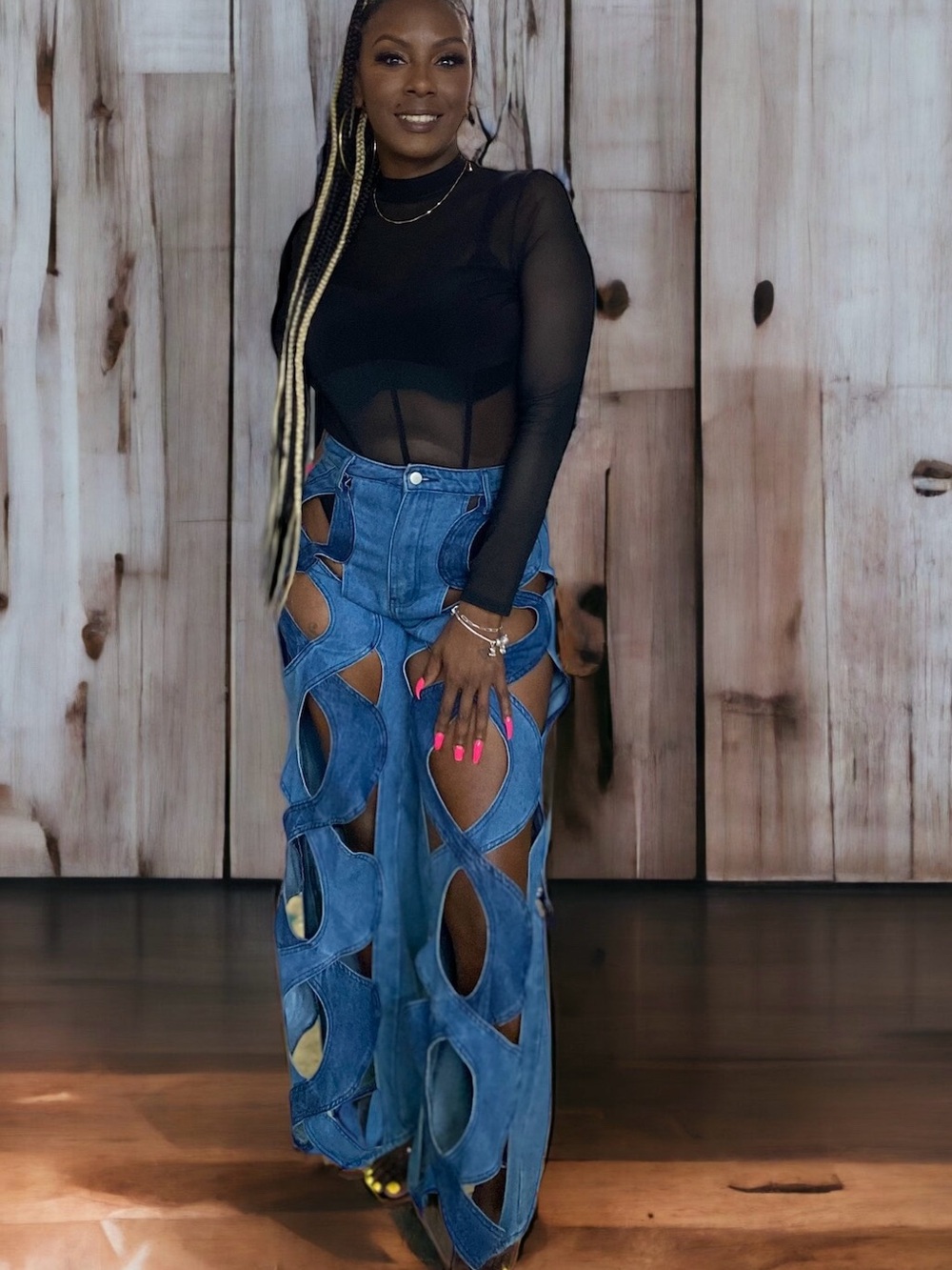 Blue Cutout Wide-Leg Women's Jeans